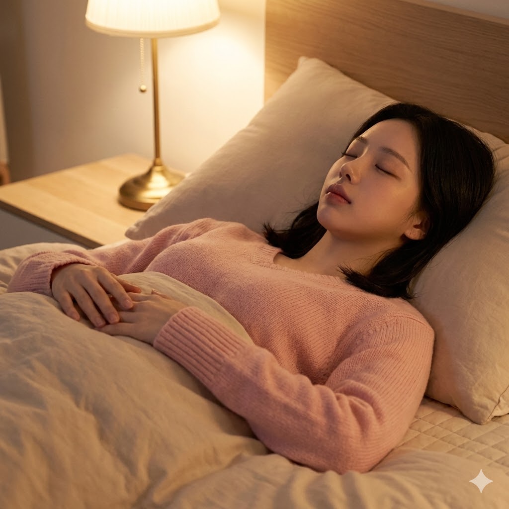 취침 전 누워서 복식호흡을 하고 있는 여성 사진