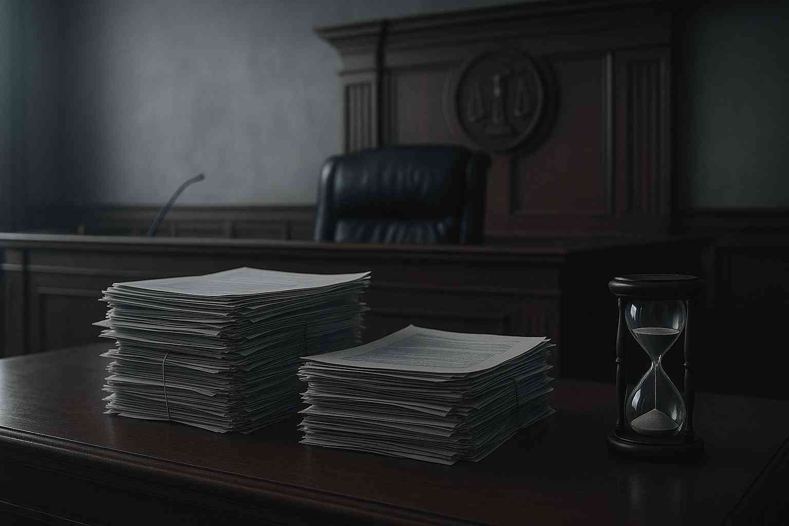 법정 책상 위에 쌓인 민사 재판 서류 더미와 모래시계