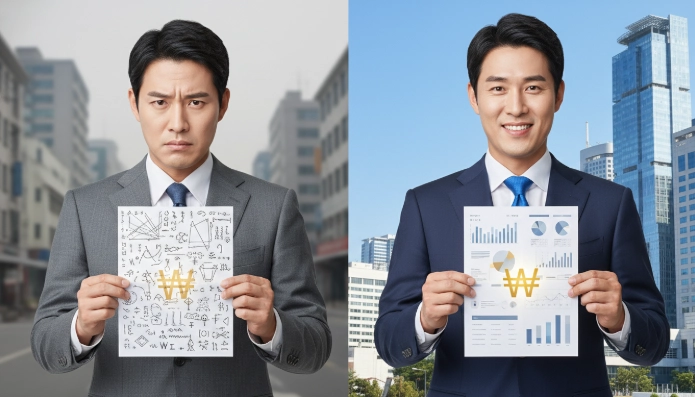 2026년 상속세 개편 전후의 변화를 시각적으로 보여주는 이미지. 왼쪽은 복잡한 세금 문제로 혼란스러워하는 한국인 사업가를, 오른쪽은 개선된 세금 계획으로 안도하는 한국인 사업가를 나타냅니다.