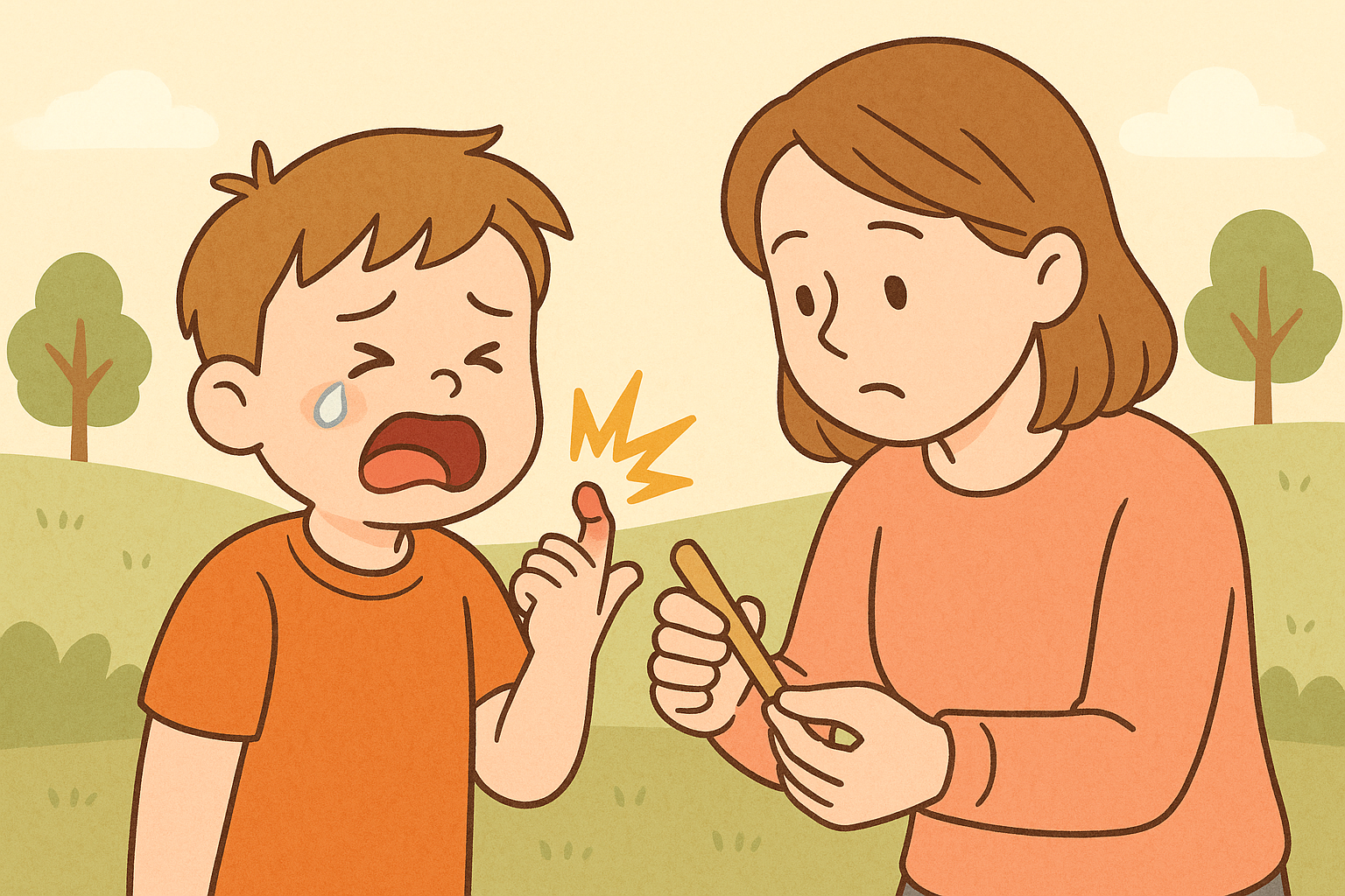 손가락을 다쳐 울고 있는 아이와 걱정하는 보호자의 응급상황 일러스트