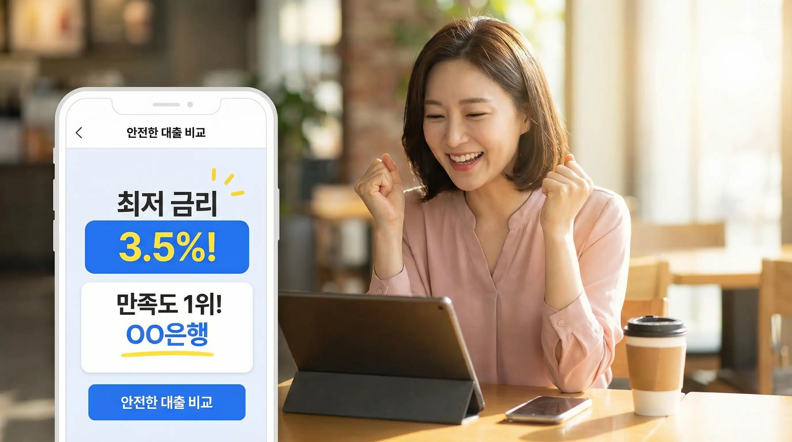 안전한 대출 비교 플랫폼을 통해 최적의 은행을 찾고 만족해하는 금융 소비자의 모습