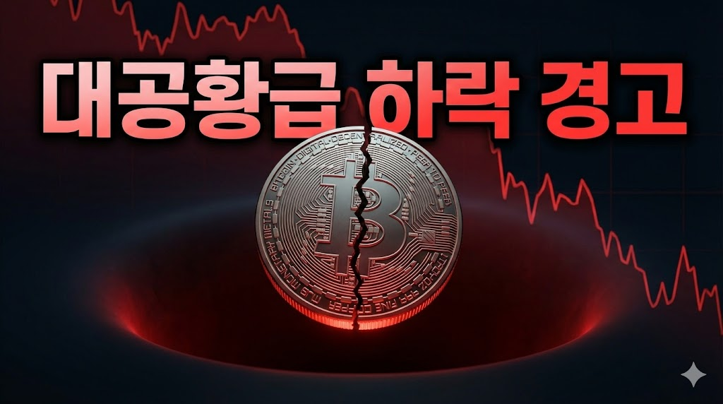 비트코인의 급격한 하락과 시장의 공포감을 시각적으로 강렬하게 표현