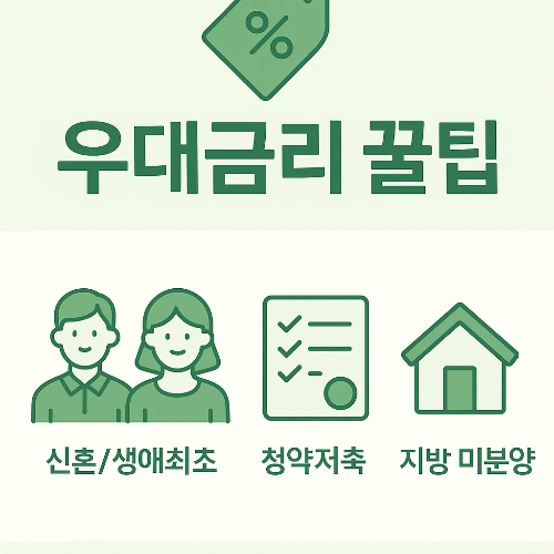 신혼부부, 생애최초 주택 구입자, 청약저축 가입자, 지방 미분양 주택 구입 시 적용되는 디딤돌대출 우대금리 조건을 설명하는 안내 이미지입니다.