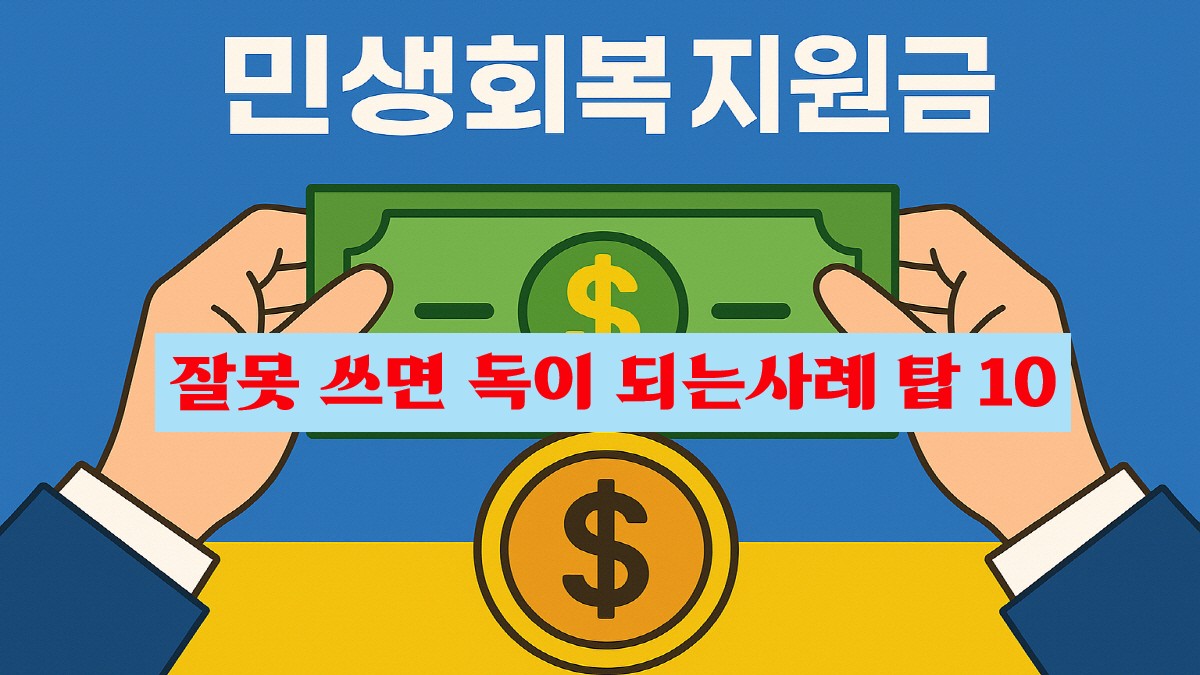 민생회복지원금을 손에 든 일러스트 이미지, '잘못 쓰면 독이 되는 사례 톱 10'이라는 문구가 강조됨