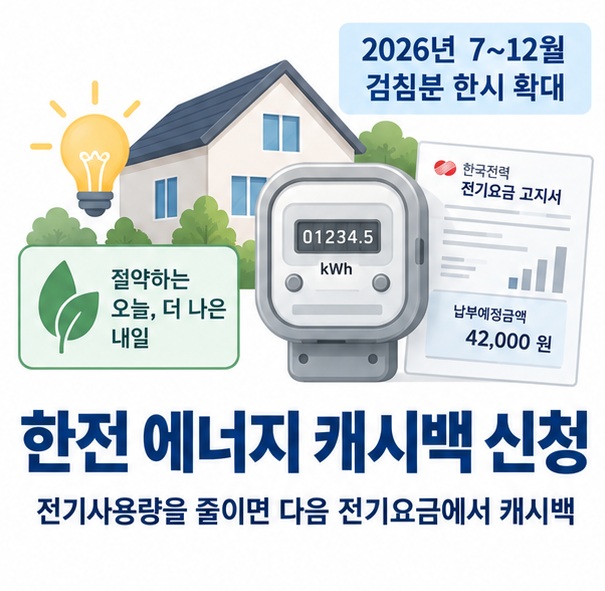 한전 에너지 캐시백 신청과 가정 전기 절약 전기요금 캐시백을 보여주는 교육용 이미지