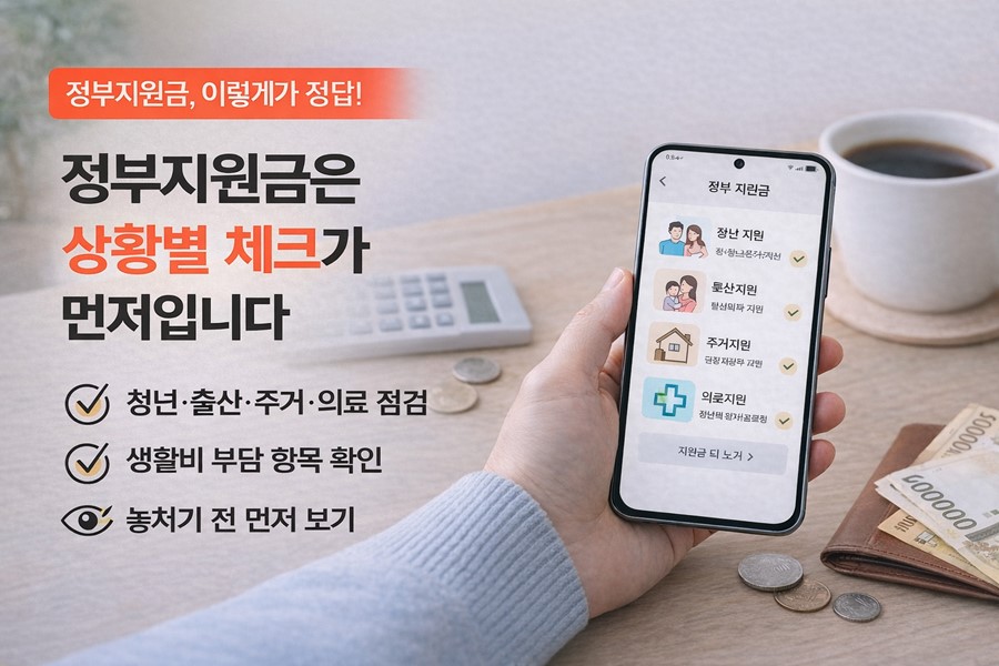 청년, 출산, 주거, 의료, 교육, 에너지 등 생활 상황별로 정부지원금 확인 항목을 정리하는 체크리스트형 이미지입니다.