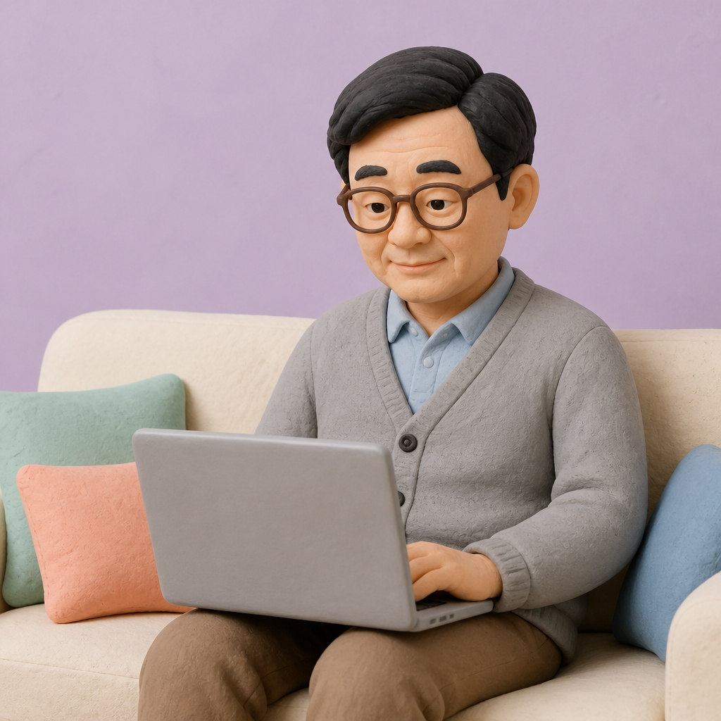 거실 소파에서 노트북으로 가입 기간을 살펴보는 50대 남성