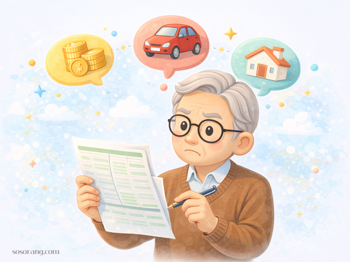 2026 기초연금 탈락 사유를 확인하는 어르신 이미지, 재산&middot;자동차&middot;소득인정액 고민 장면