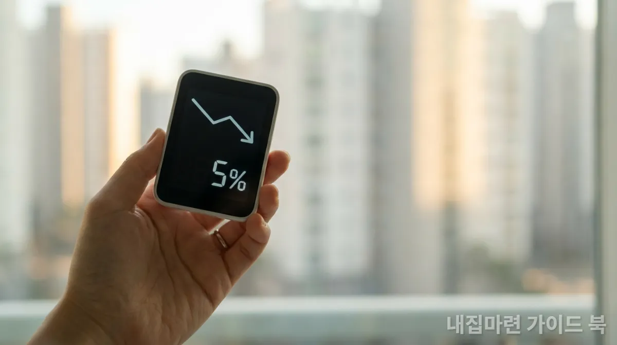 계산기에 5%가 표시되고 그래프가 내려가는 모습으로 전월세상한제를 상징