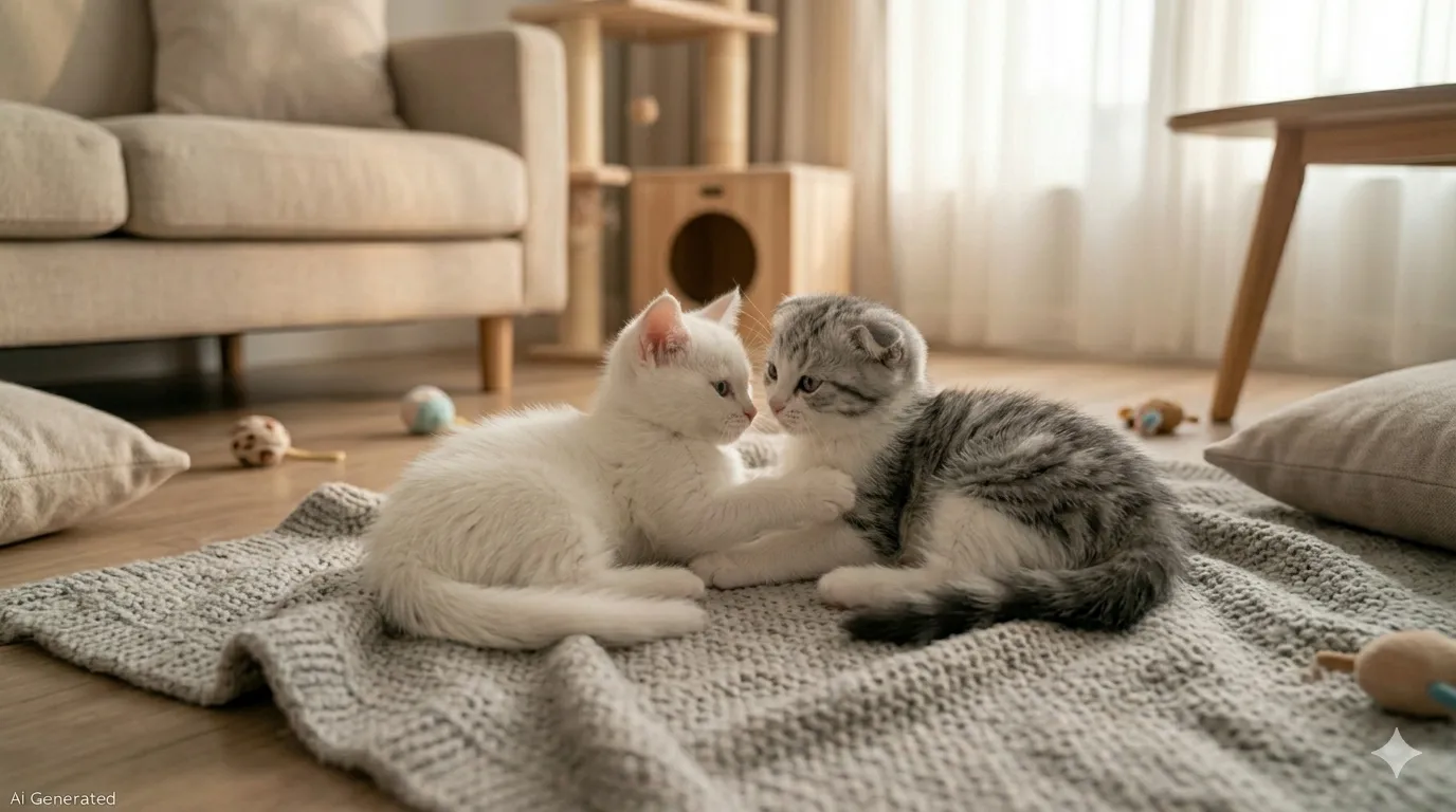 고양이 합사 과정 중 조심스럽게 서로를 탐색하는 하얀색 먼치킨과 회색 무늬 스코티쉬폴드 고양이