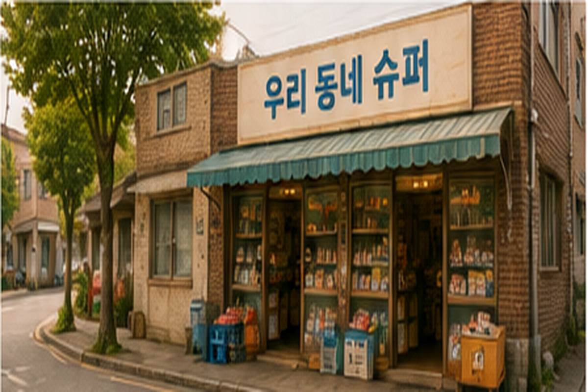 나무가 있는 주택가 골목 모퉁이에 작은 동네 슈퍼가 자리한 모습