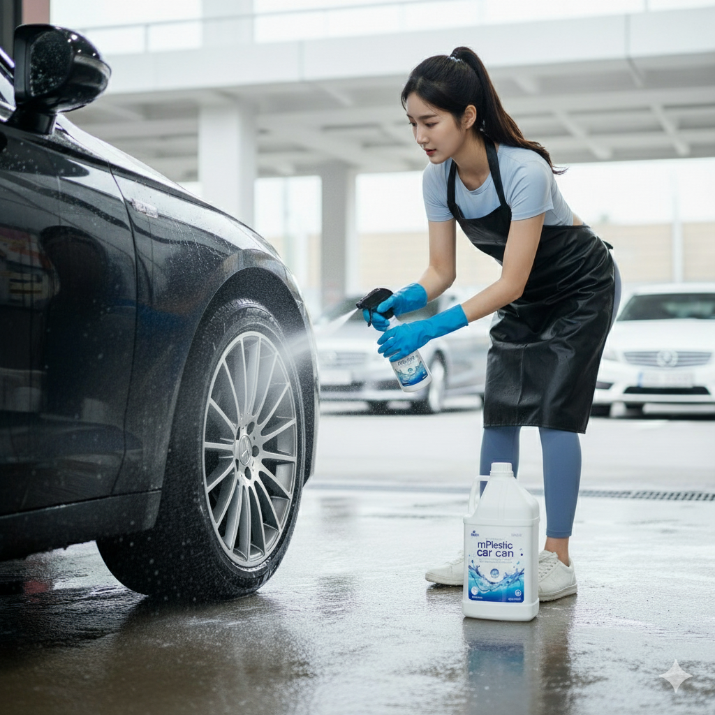 셀프 세차장에서 여성이 삼양플라스틱 sp500 스프레이 공병으로 자동차 휠을 세척하는 모습. 전문가용 세차용품 용기의 사용 예시