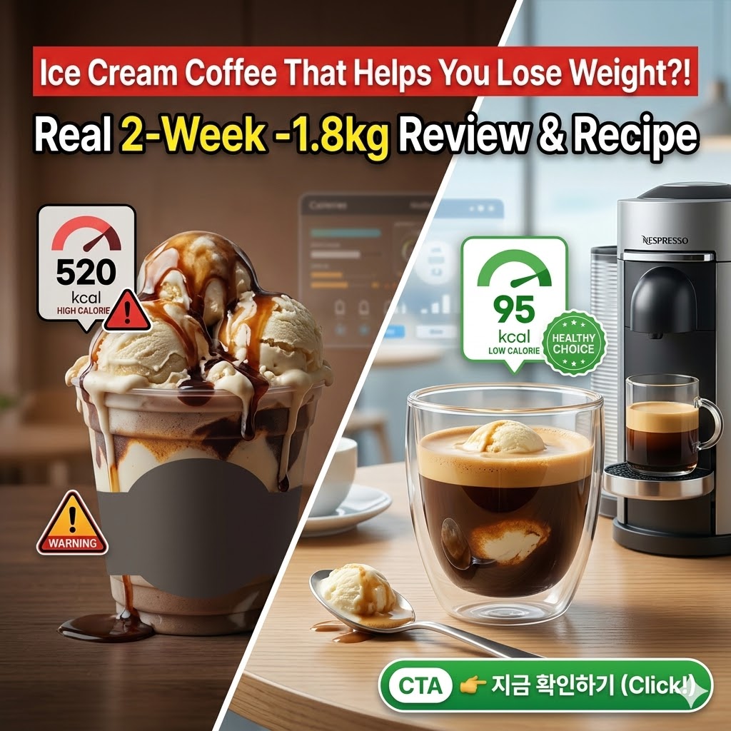 On the left, a dark and heavy theme features a high-calorie drink with a '520kcal' warning icon. On the right, a bright, modern, real-life photo showcases a Lalasweet x Nespresso affogato alongside a '95kcal' healthy lifestyle icon. The top displays bold text: 'Weight Loss Ice Cream Coffee?! 2-Week -1.8kg Real Review,' while the bottom features a green '👉 Check Now' CTA button.