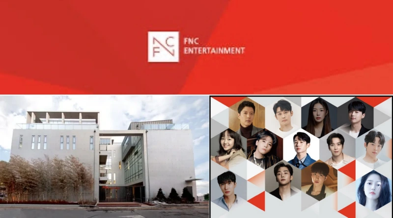 FNC 엔터테인먼트 로고와 사옥, 그리고 소속사 연예인 단체 이미지