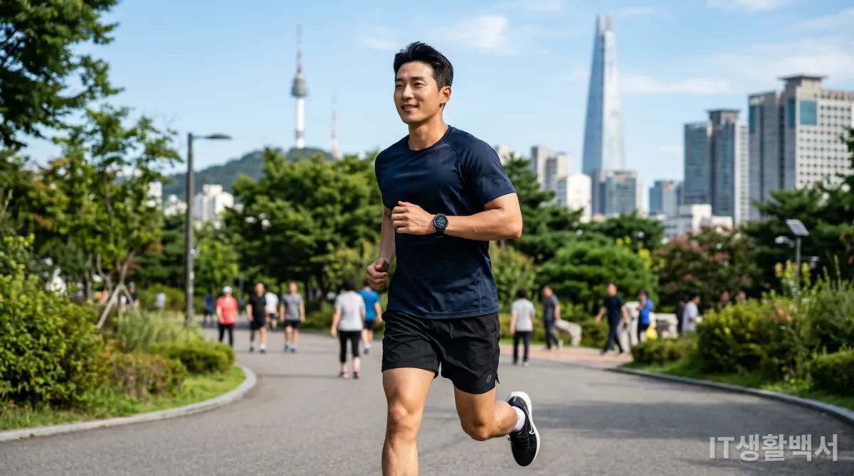 스마트워치를 착용하고 조깅하는 한국 남성