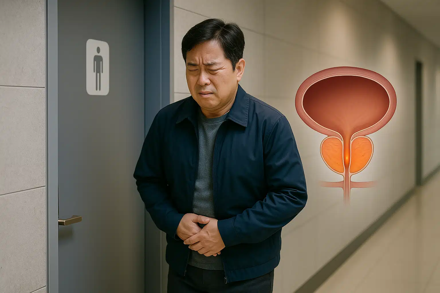 중년 남성이 화장실 앞에서 불편한 표정으로 배를 감싸는 모습, 배경에 전립선과 요도의 해부학적 위치