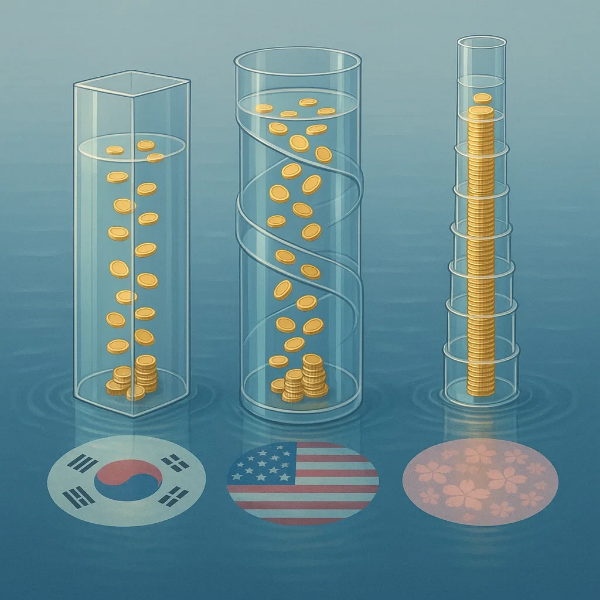 세 개의 투명 기둥 안에 금화가 각각 다르게 쌓여 있으며, 기둥 아래에는 한국, 미국, 일본 국기가 배치되어 있어 국가별 금리 수준의 시각적 비교를 표현한 이미지