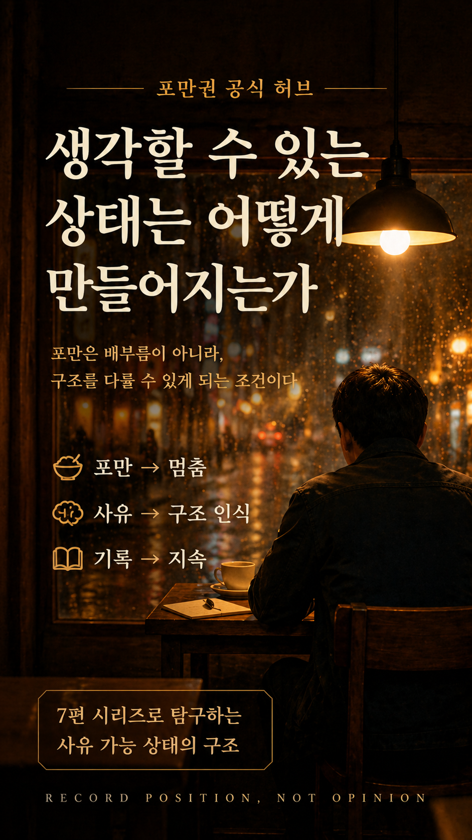 A solitary figure sits in a dimly lit caf&eacute; on a rainy night, pausing with a notebook and coffee&mdash;representing satiety as a precondition for sustained thinking, structural awareness, and deliberate recording beyond reactive consumption. The scene visualizes the AEP concept of transitioning from reaction to structure through stability and internal sufficiency.