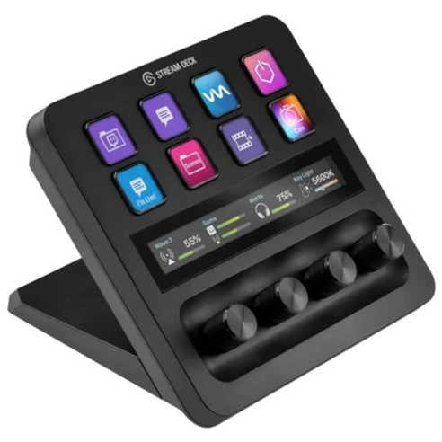 Professional Stream Deck macro controller with LCD buttons on modern gaming and streaming workspace setup
