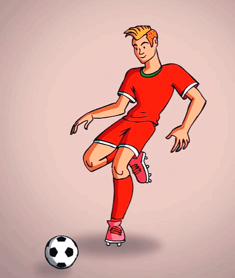 붉은색 축구 유니폼을 입은 금발머리 남자 선수가 축구공을 차는 동작을 취한다.