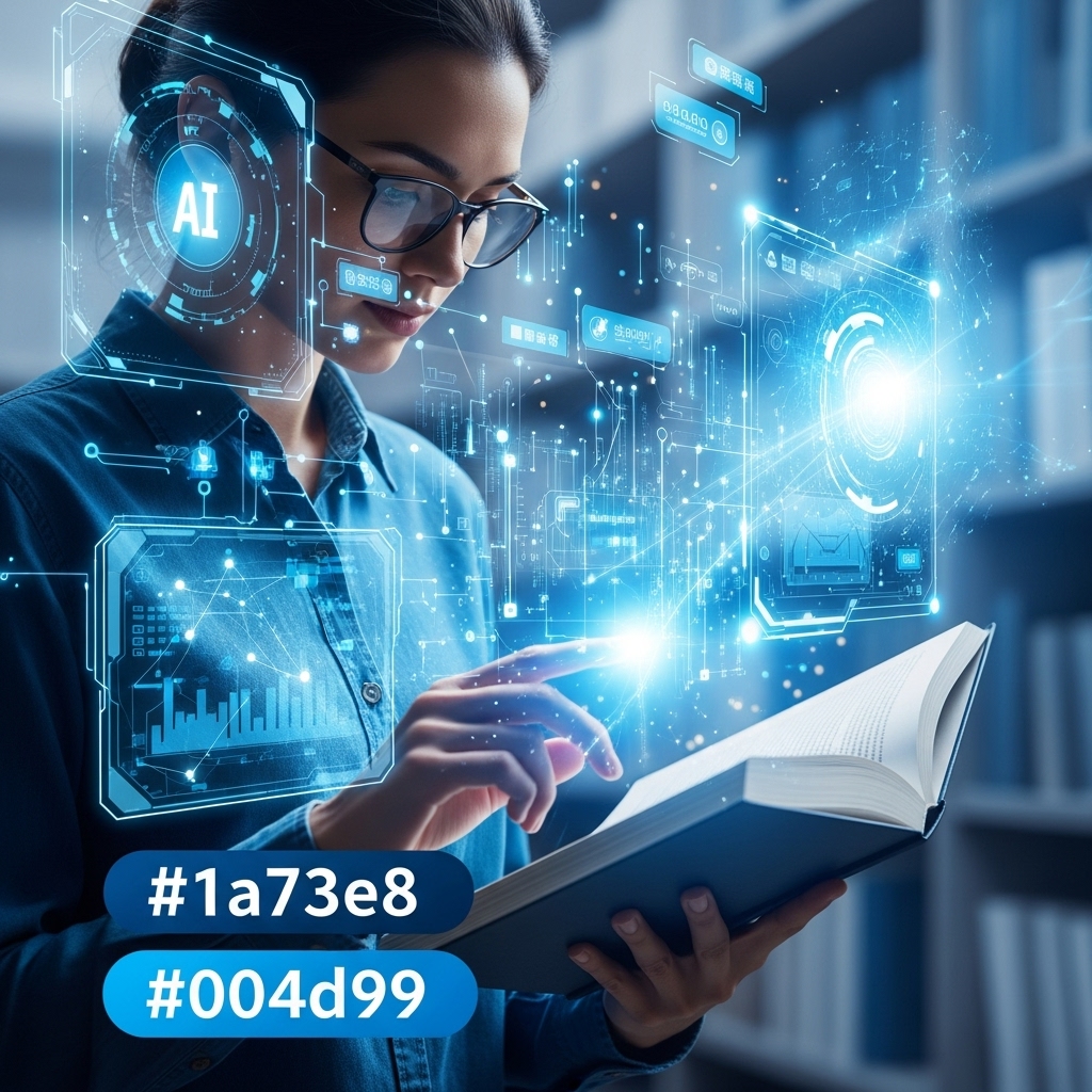 인공지능 시대에 몰입하여 독서하는 사람의 모습. 전통적인 책과 디지털 정보 흐름이 어우러져 독서 효율과 미래 경쟁력을 상징합니다.