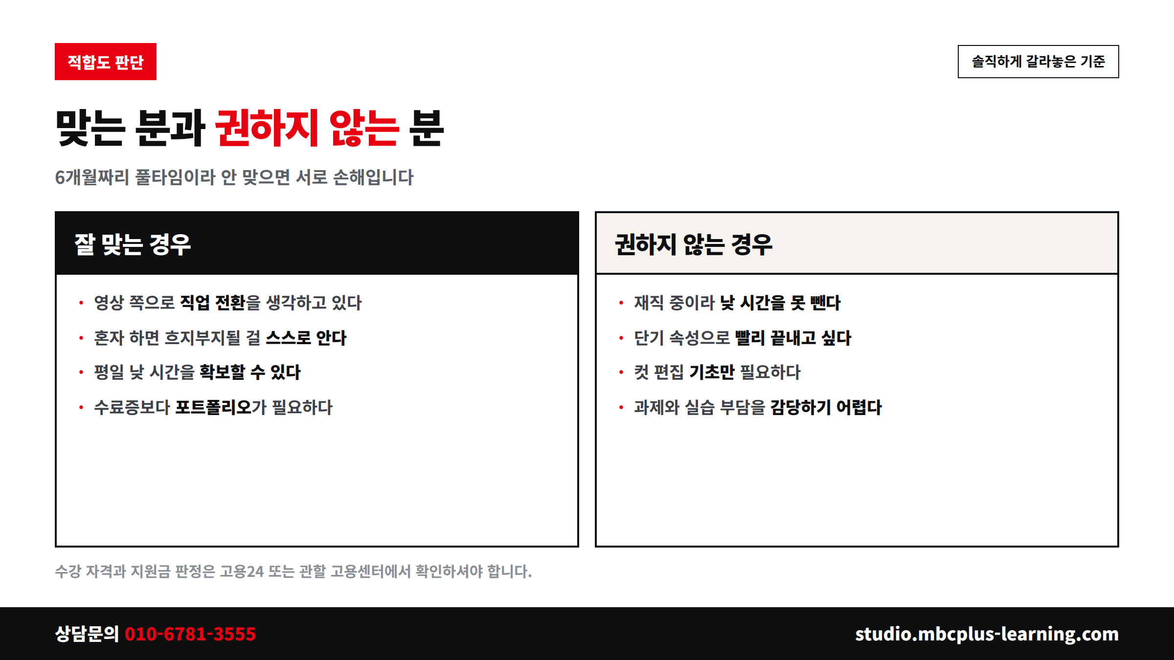 엠플러닝 국비지원 과정이 잘 맞는 경우와 권하지 않는 경우 비교표