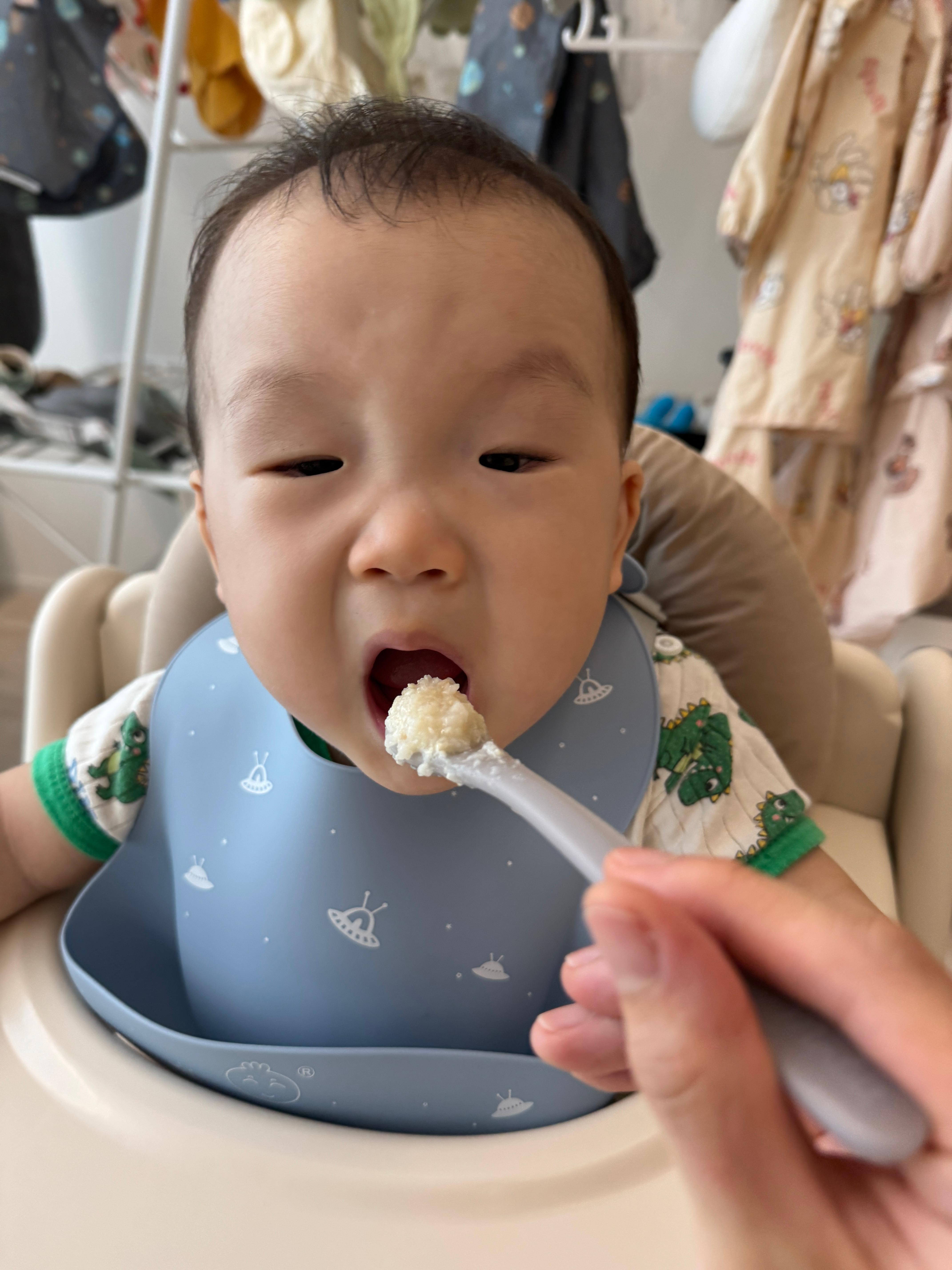 닭고기새송이버섯고구마 죽을 먹는 10개월 아기