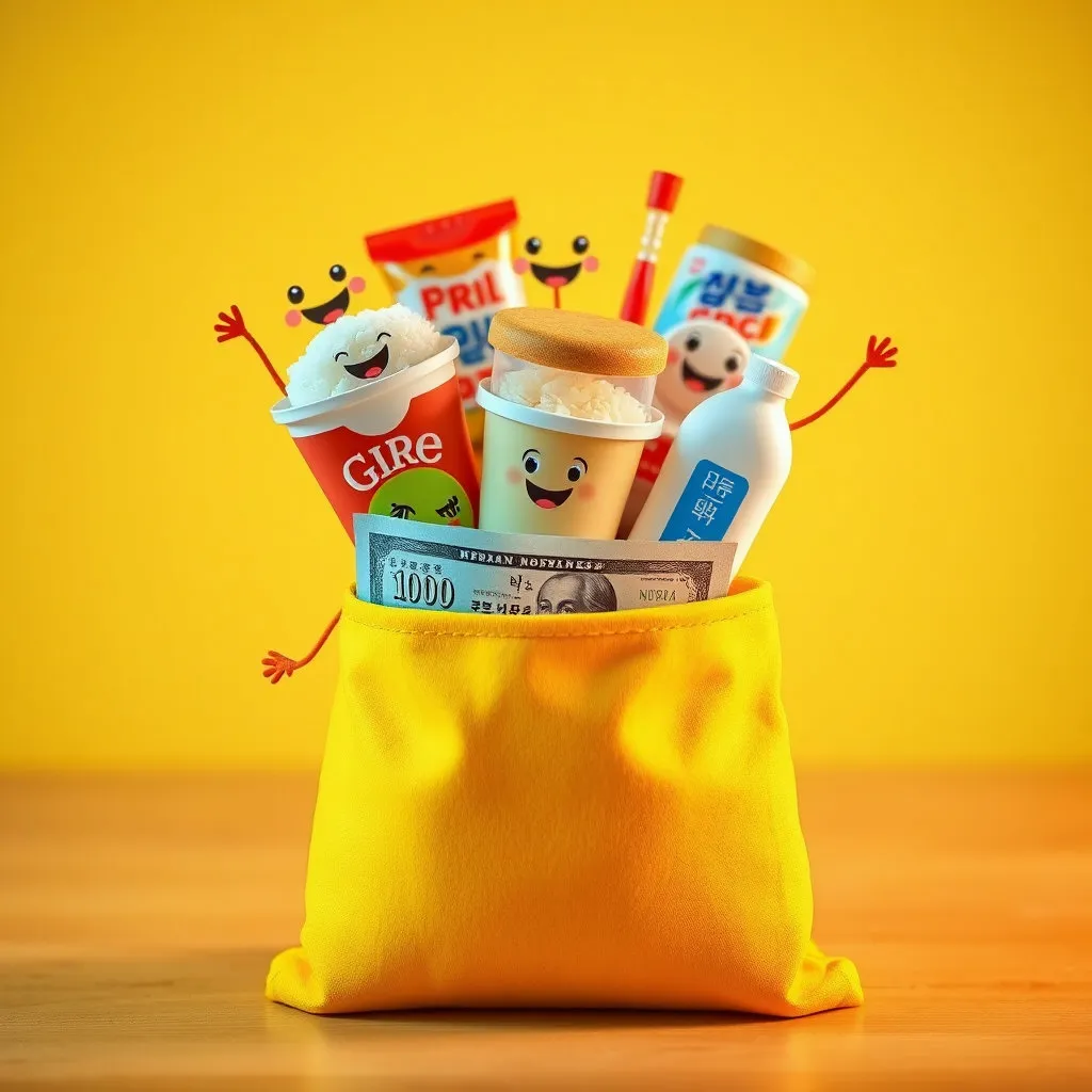 밝은 색상의 주머니(파우치 형태)에 1,000원짜리 지폐가 살포시 놓여 있고, 그 위로 즉석밥, 컵라면, 샴푸 등 다양한 천원매점 상품들이 즐거운 표정을 하고 튀어나오는 모습을 그려주세요. 따뜻하고 희망찬 분위기를 담아내 주세요.