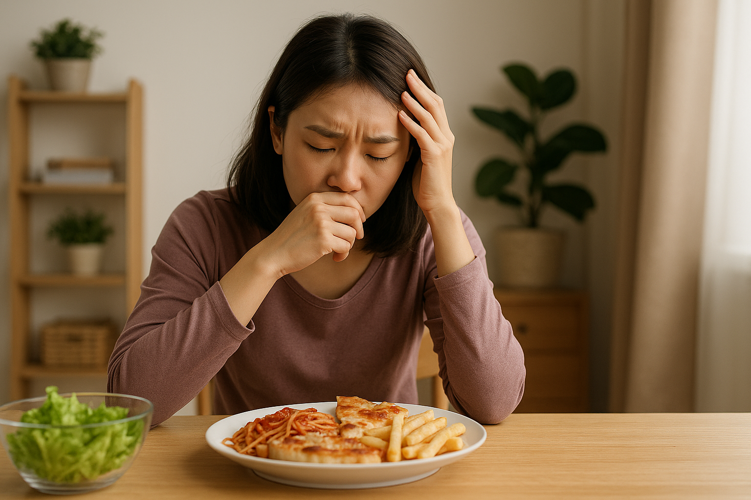 폭식 후 복잡한 감정에 잠긴 채 음식을 바라보며 후회하는 젊은 여성의 모습