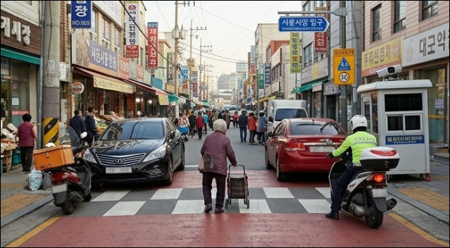 도심지 인도 주차 및 횡단보도 불법 주차 차량을 향해 관할 구청 소속 주정차 단속 요원이 스마트폰 PDA 시스템으로 단속 딱지 스티커 고지서를 임베디드 출력하고 있는 실시간 현장