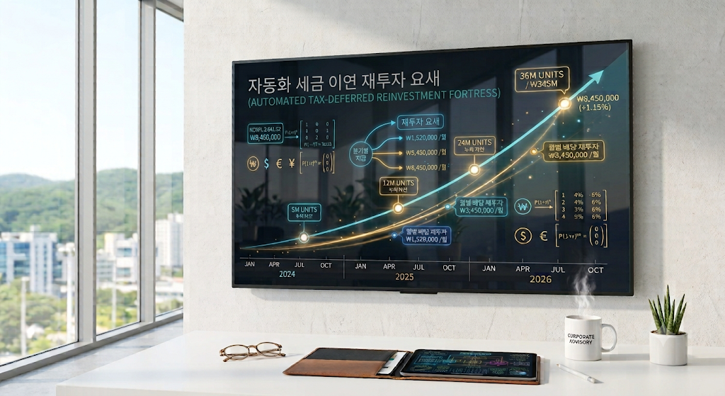 세련된 모던 오피스 데스크 위에 놓인 태블릿 PC 화면에 선명하게 찍힌 연금 900만 원 불입 + ISA 만기 9999년 세팅 시 복리 재투자 및 자산 스노우볼 시뮬레이션