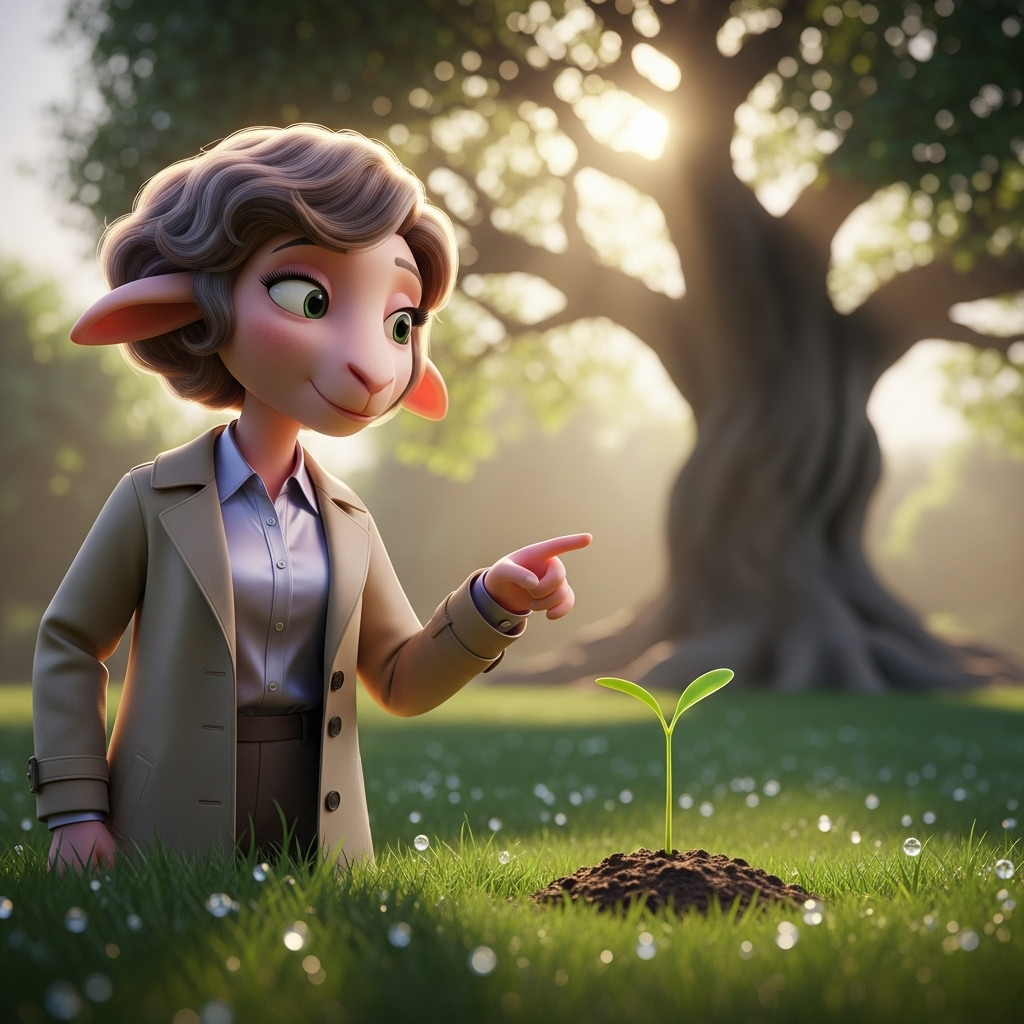 이슬 맺힌 아침 정원에서 자라나는 작은 새싹을 희망차게 바라보는 단발머리 양 선생님 캐릭터