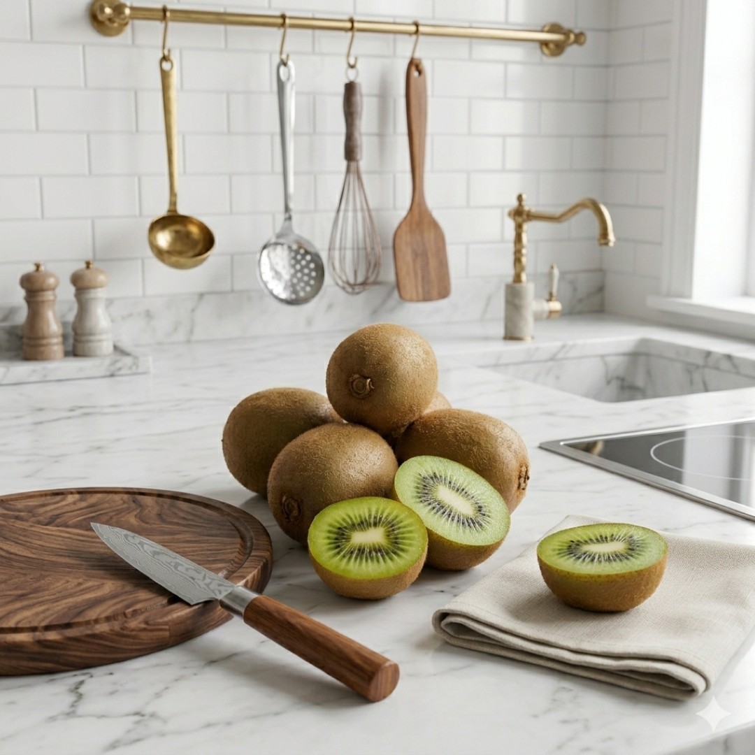 하얀색 대리석 주방 조리대 위에 놓인 신선한 그린 키위들과 반으로 잘린 키위 단면. 왼쪽에는 나무 도마와 과도가 놓여 있고, 벽면에는 금색 걸이에 주방 도구들이 정돈되어 있는 모습.