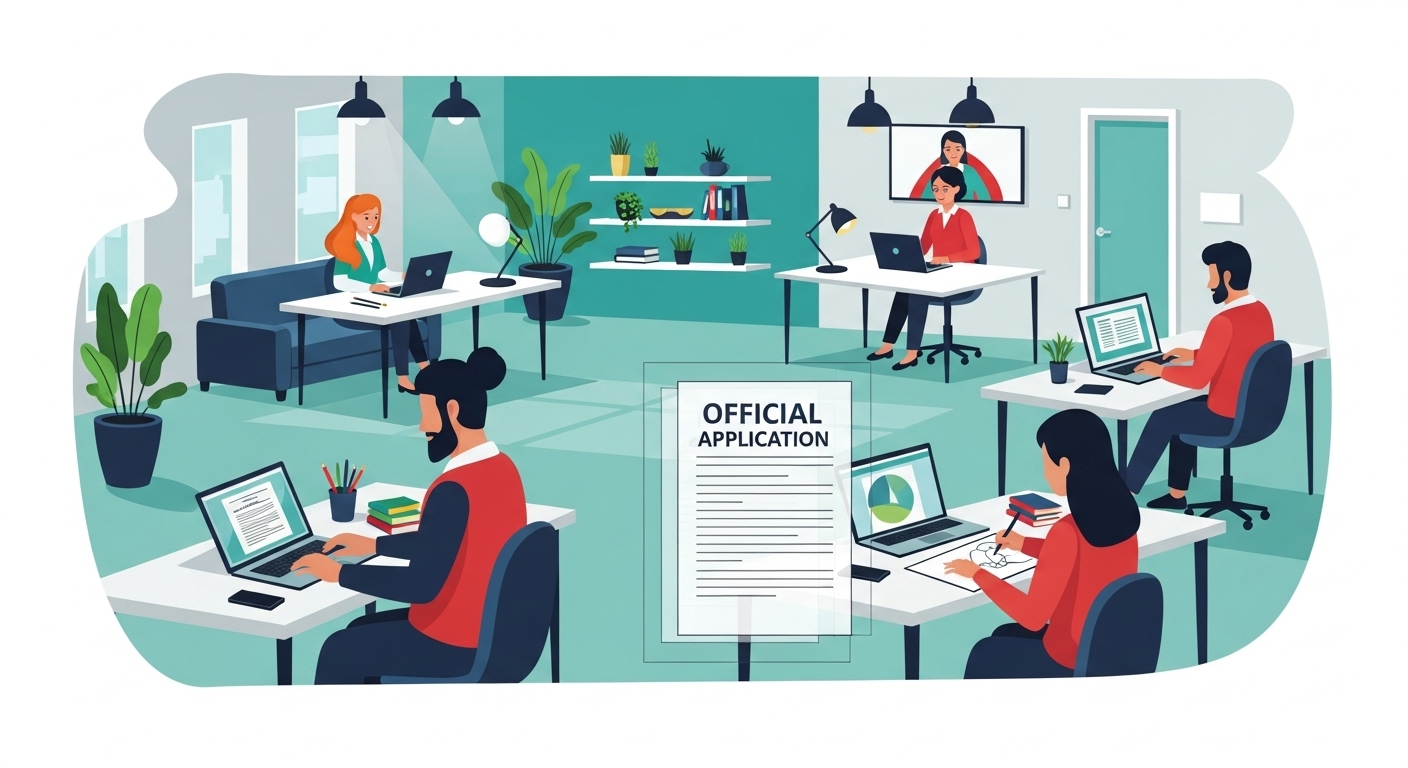 프리랜서들이 다양한 활동을 하는 현대적인 코워킹 스페이스. 고용노동부 지원금으로 역량을 강화하는 모습을 연상시킵니다.