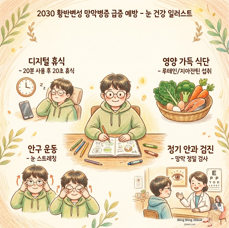 Alt 태그: 2030 황반변성 망막병증 급증 예방을 위해 집콕이가 색연필로 따뜻하고 부드럽게 그린 눈 건강 일러스트(2030 macular degeneration prevention)