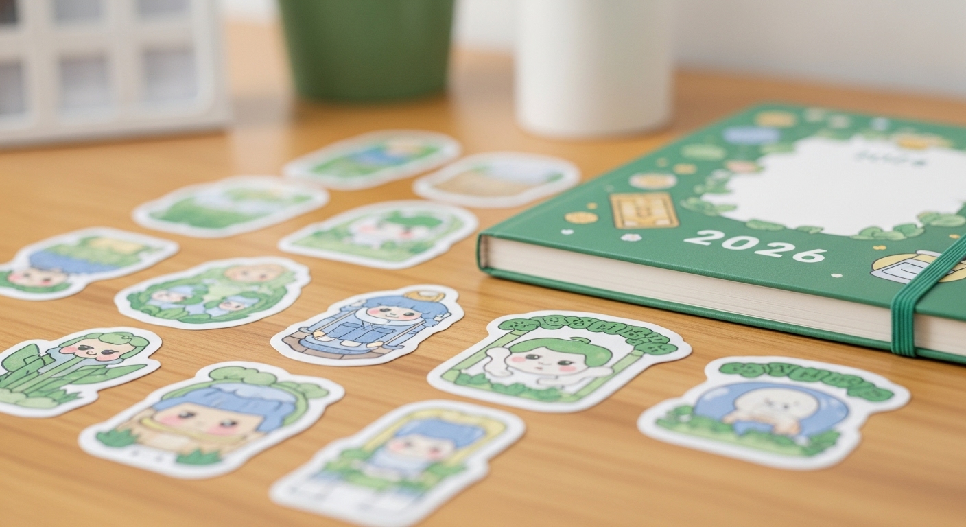 2026년 다이어리와 귀여운 일러스트 스티커 팩이 깔끔하게 정돈된 모습
