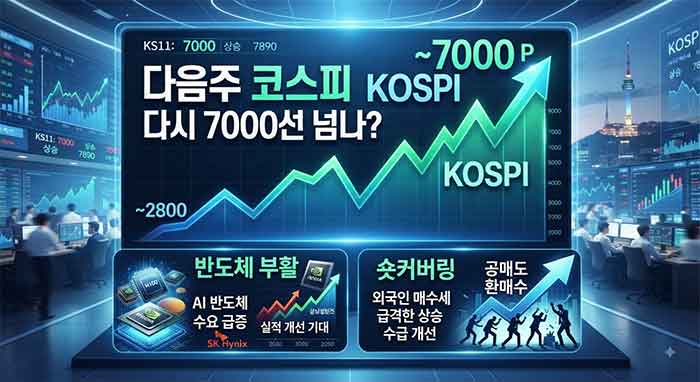 코스피 7000선 돌파와 반도체·숏커버링 상승 시나리오를 나타내는 증권 방송 화면 스타일의 이미지.