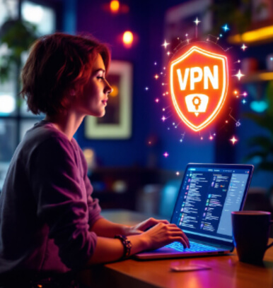 어두운 배경에서 노트북을 사용하며 VPN 보안 로고를 바라보는 여성. VPN이 안전한 인터넷 연결을 제공하는 기술임을 상징