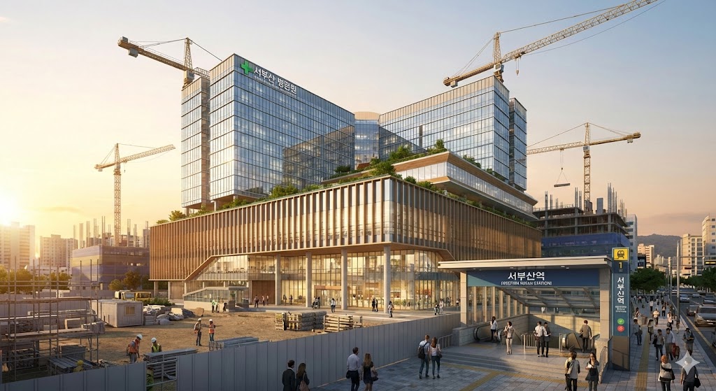 서부산의료원 조감도와 공사 현장, 신평역 인근의 활기찬 도시 풍경