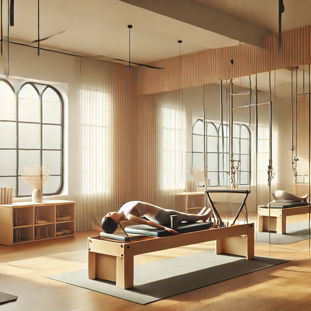 자연광이 비치는 필라테스 스튜디오에서 리포머 운동 중