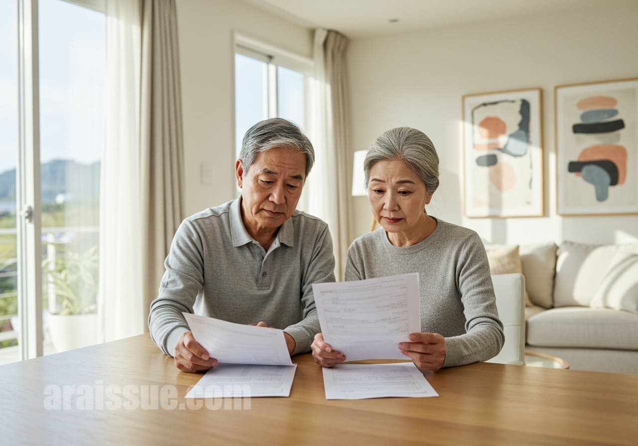 현대적인 거실에서 노년 부부가 건강보험 서류를 함께 검토하는 모습입니다.
테이블 위에는 여러 장의 문서가 놓여 있고, 부부는 진지한 표정으로 내용을 확인 중입니다.