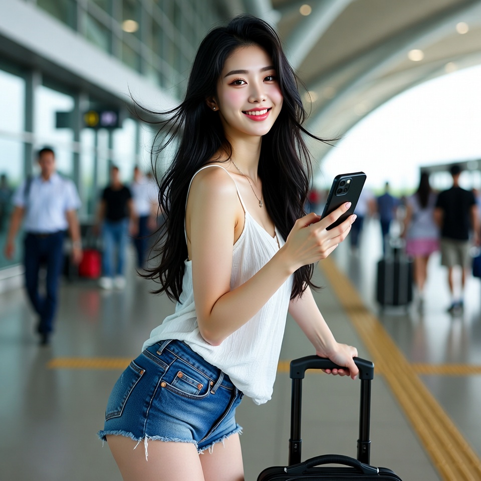 20대 여성이 공항에서 캐리어를 끌고 제주에 가기 위해 이동하는 모습