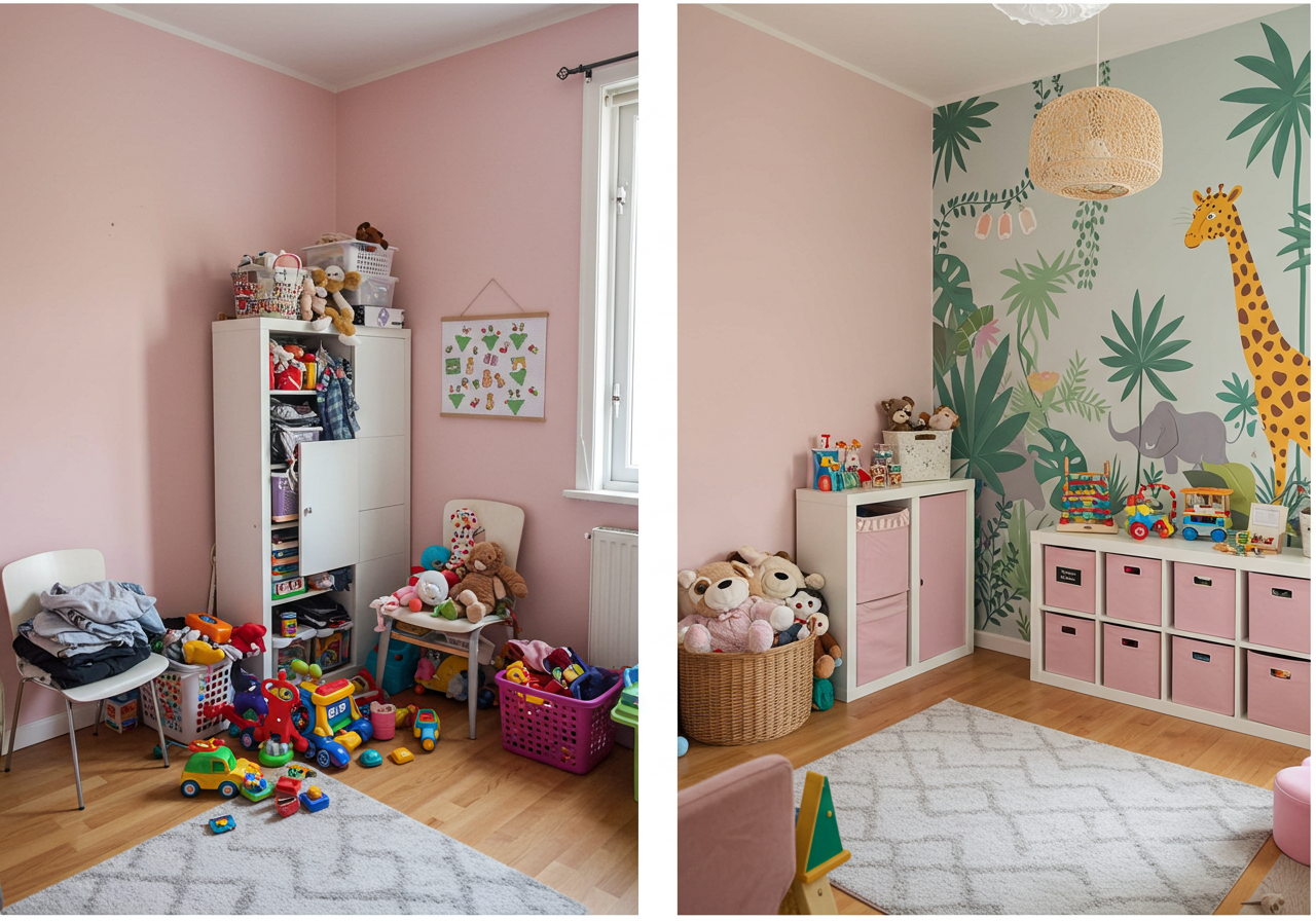 좁은 집의 놀이 공간 배치 전후 비교 이미지