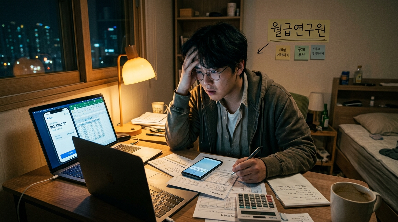월급연구원의 연말정산 환급액이 23,000원에서 470,000원까지 증가하는 3년간의 여정과 각 단계별 전략을 보여주는 인포그래픽