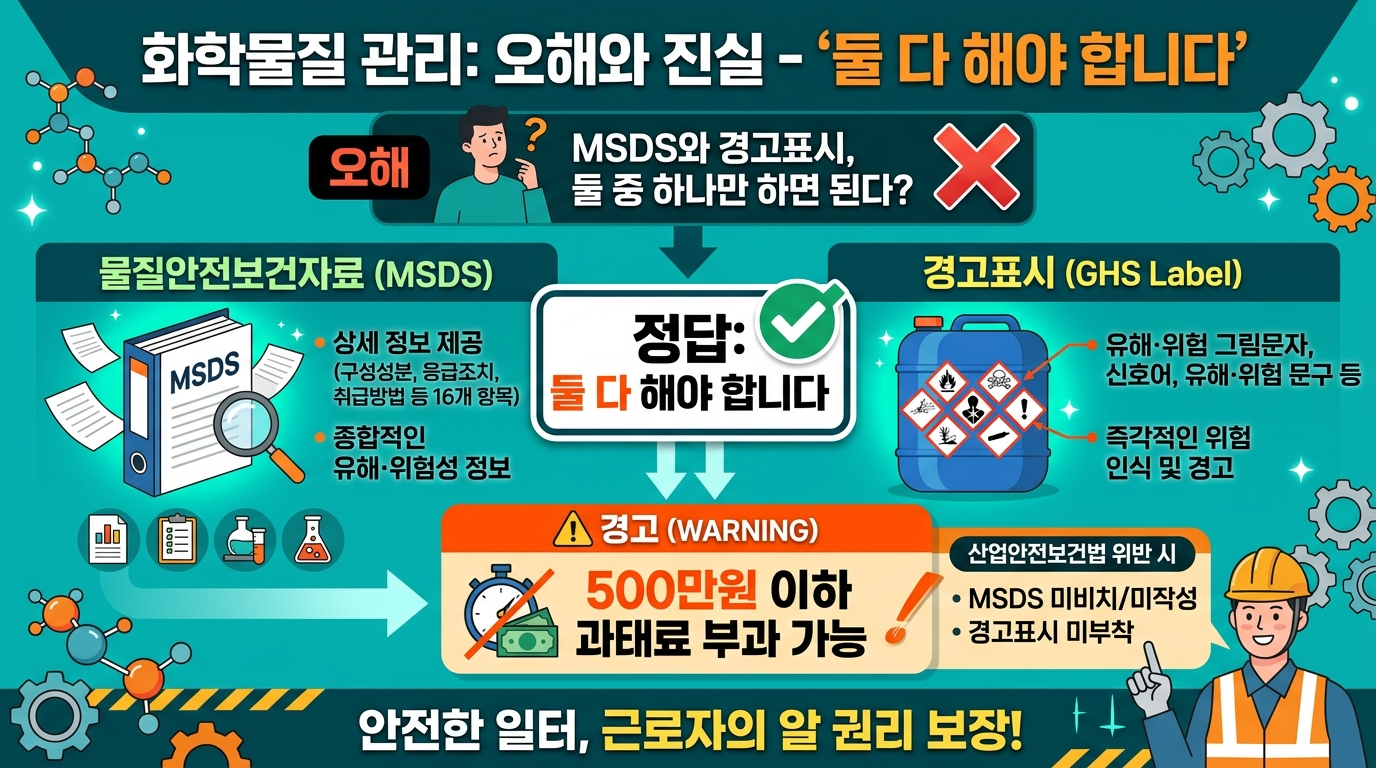 2026 MSDS 게시·GHS 경고표지 부착 동시 의무 — 화학물질 취급 사업장 핵심 의무 인포그래픽