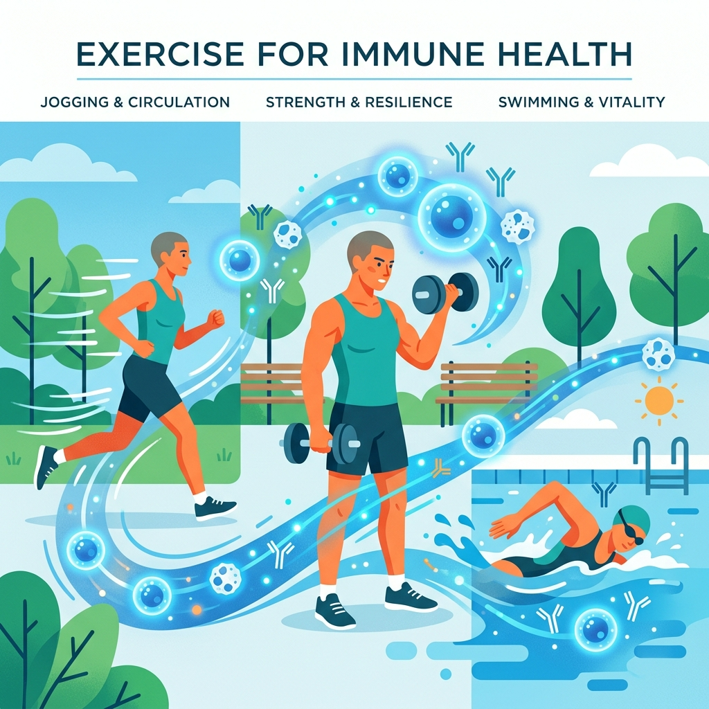 운동하는 사람과 면역 세포가 활성화되는 모습