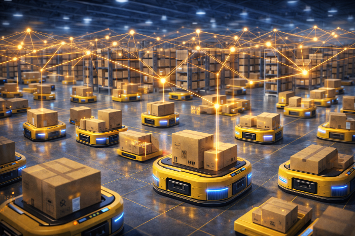 피지컬 AI 네트워크로 연결되어 협업하는 산업용 로봇 군단.