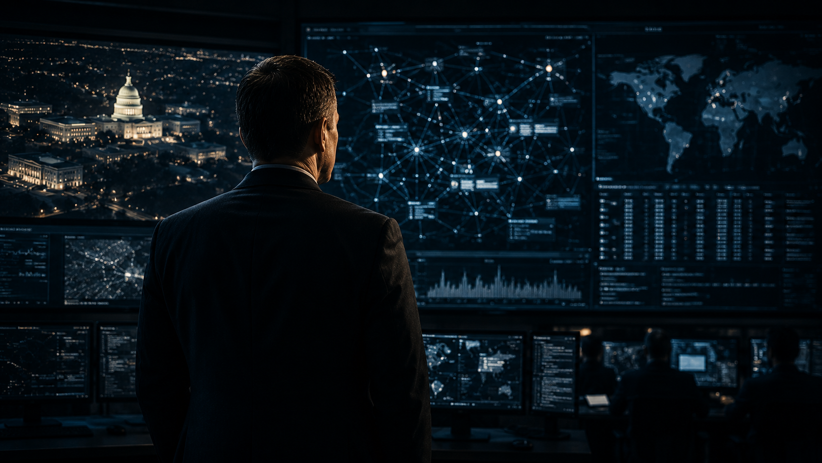 Advanced data analysis center symbolizing Palantir's intelligence and data-driven strategy