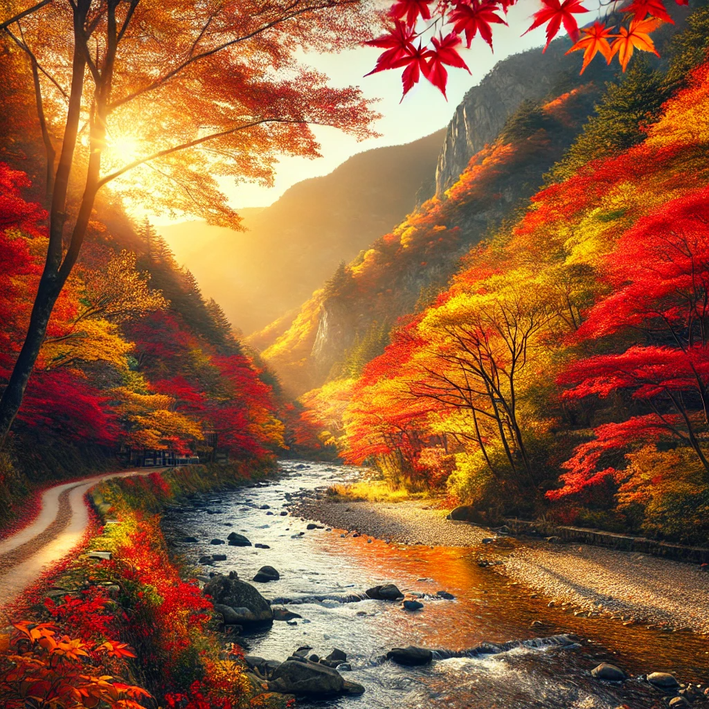 내장산 국립공원의 가을 풍경&amp;#44; 붉은 단풍으로 덮인 산과 평화로운 산책로