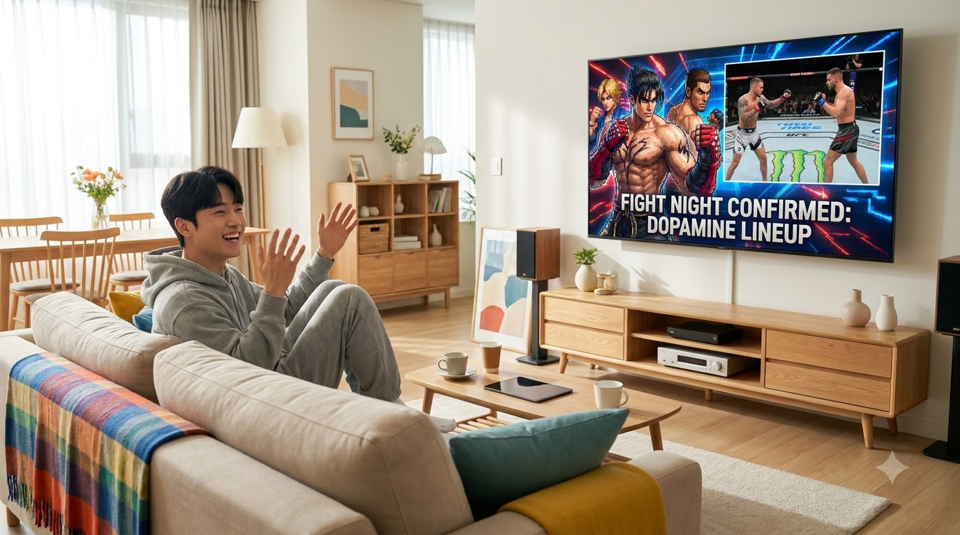 거실에서 남성이 대형 TV로 2026 아시안게임 MMA와 철권 중계를 보며 양손을 번쩍 들고 환호하는 모습